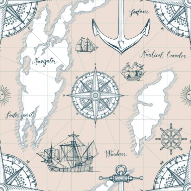 Vektör sorunsuz arka plan Tema seyahat, macera ve keşif. Caravels, vintage Yelkenli Yatlar, rüzgar gülleri, çapa ve retro tarzı el yazısı yazıtlar ile eski harita