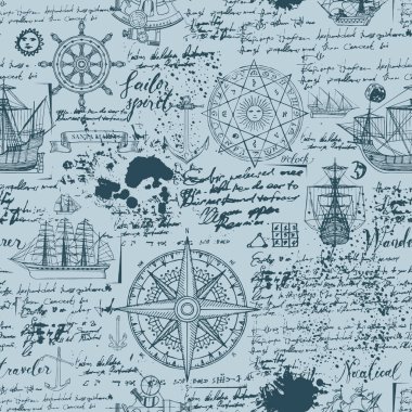 Vektör sorunsuz arka plan Tema seyahat, macera ve keşif. Caravels, Rüzgar gülü, çapa ve diğer deniz sembolleri ile eski el yazması engelliyor ve vintage tarzı lekeleri