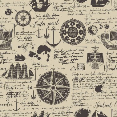 Vektör sorunsuz arka plan Tema seyahat, macera ve keşif. Caravels, Rüzgar gülü, çapa ve diğer deniz sembolleri ile eski el yazması engelliyor ve vintage tarzı lekeleri
