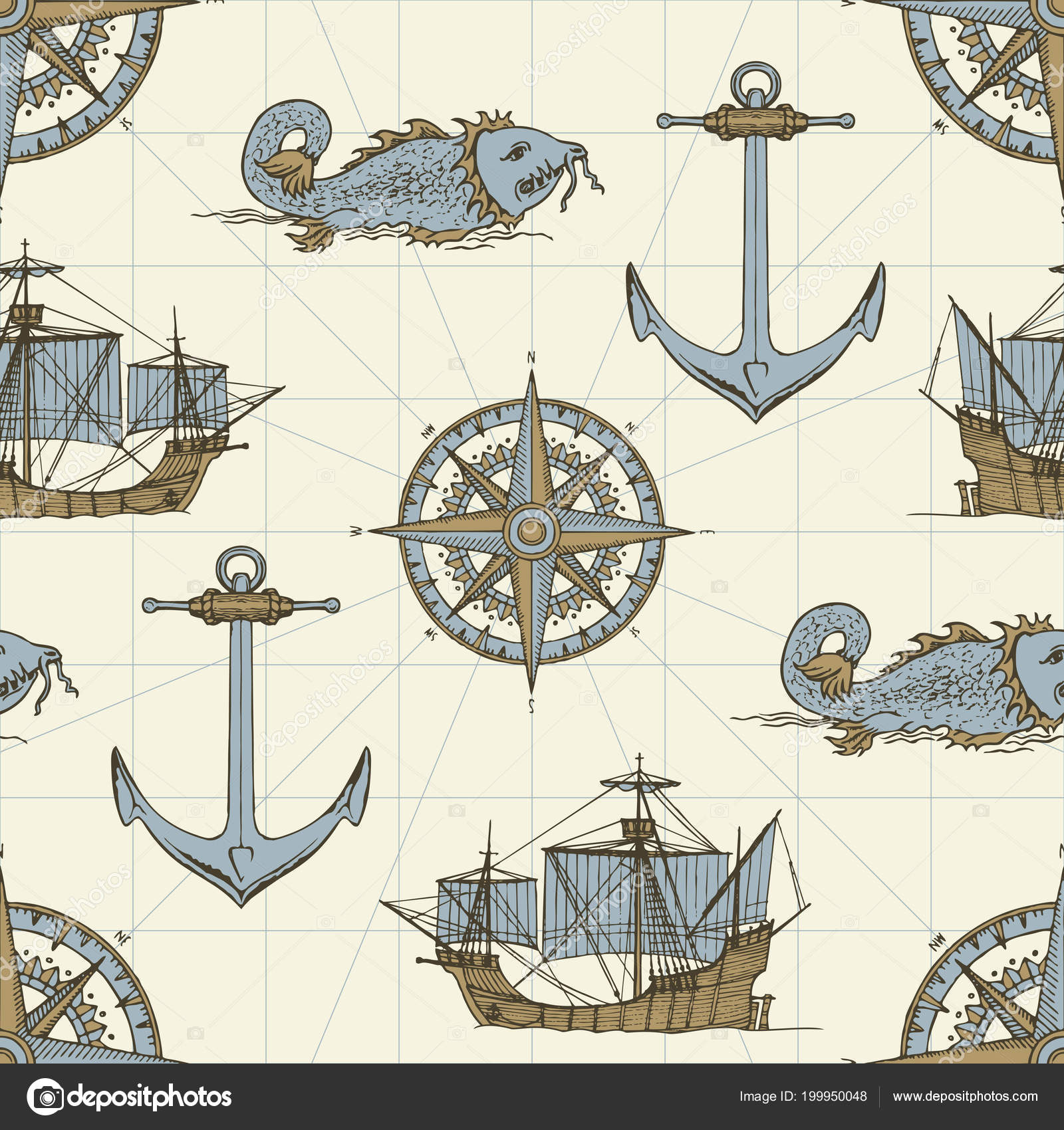 모험과 발견의 테마에 Caravels 빈티지 Catfishes 베이지색 배경에 스타일 스톡 벡터 - ©paseven 199950048, image size:1600x1700