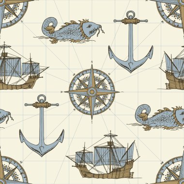 Vektör sorunsuz arka plan Tema seyahat, macera ve keşif. Eski caravels, yat, rüzgar gülleri, çapa ve dev catfishes retro tarzında bej renkli arka plan üzerinde yelken vintage
