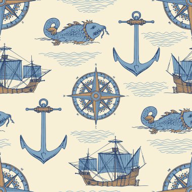 Vektör sorunsuz arka plan Tema seyahat, macera ve keşif. Eski caravels, yat, rüzgar gülleri, çapa ve dev catfishes retro tarzında bej renkli arka plan üzerinde yelken vintage