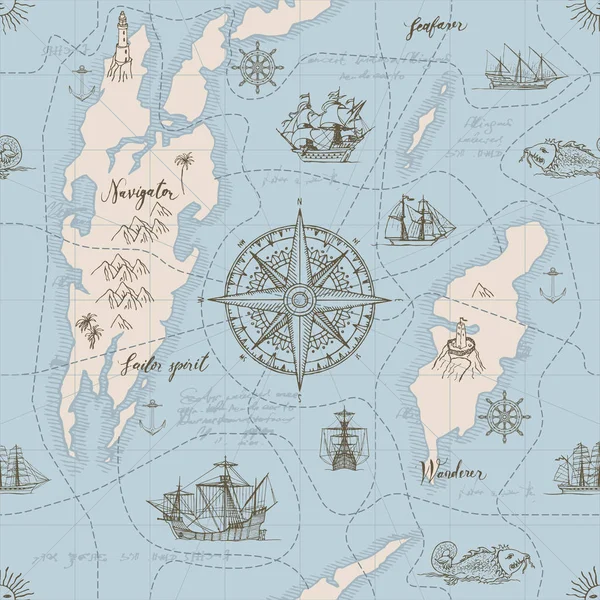 矢量抽象无缝背景的主题旅行 探险和发现 旧手绘地图与老式帆船游艇 风玫瑰 航海符号和手写铭文 — 图库矢量图片
