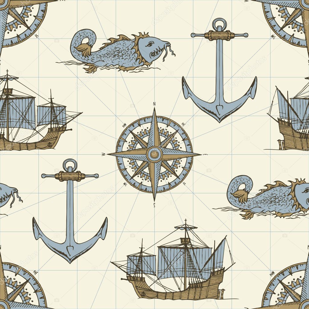 Vector abstract seamless background on the theme of travel, adventure and discovery. Old caravels, vintage sailing yachts, wind roses, anchors and giant catfishes in retro style on beige background