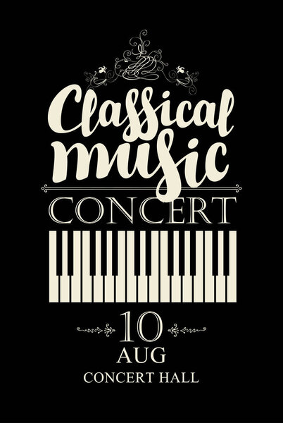 Vector poster for a concert of classical music with piano keys in retro style on black background