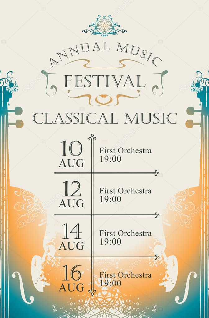 Vector poster for the annual festival of classical music in vintage style on abstract background with violins