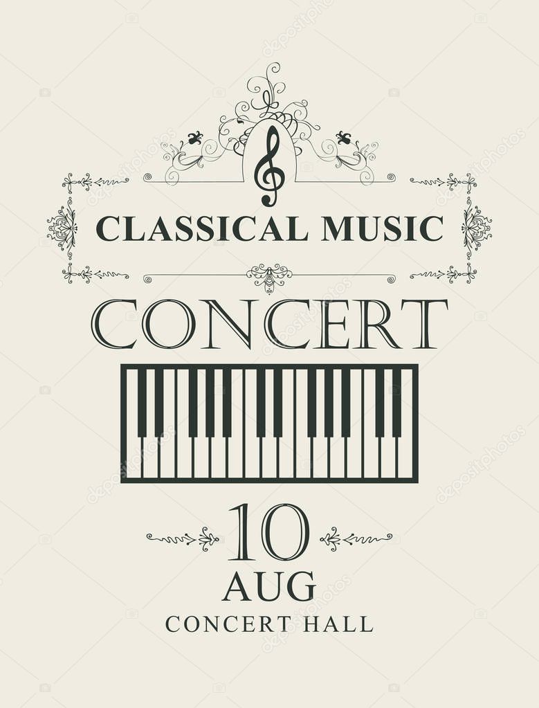 Vector poster for a concert of classical music with piano keys in retro style on light background