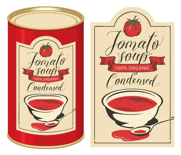 このラベルに手書き碑文と凝縮させたトマトスープの缶ラベルのベクトル イラスト — ストックベクタ