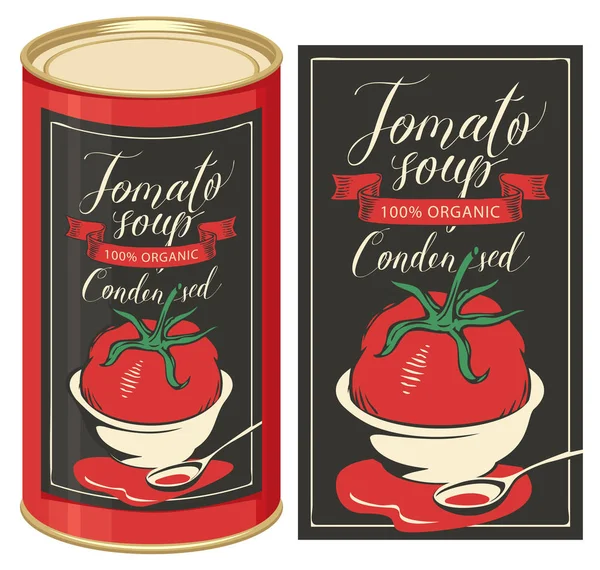 Illustration Vectorielle Étiquette Pour Soupe Tomates Condensées Avec Inscriptions Manuscrites — Image vectorielle