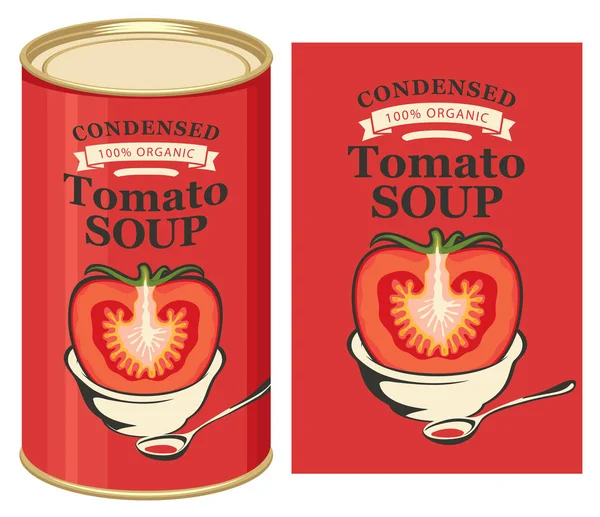 Ilustração Vetorial Rótulo Sopa Tomate Condensado Com Imagem Tomate Cortado — Vetor de Stock