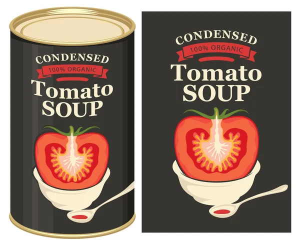Illustration Vectorielle Étiquette Pour Soupe Tomates Condensées Avec Image Une — Image vectorielle