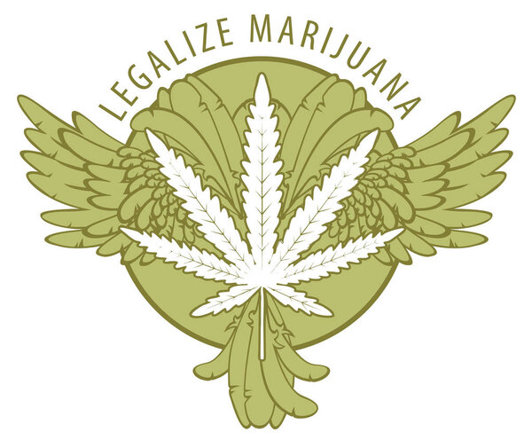 Vector banner for legalize marijuana with cannabis leaf, wings and tail isolated on white background. Natural product of organic hemp. Smoke weed. Medical cannabis logo