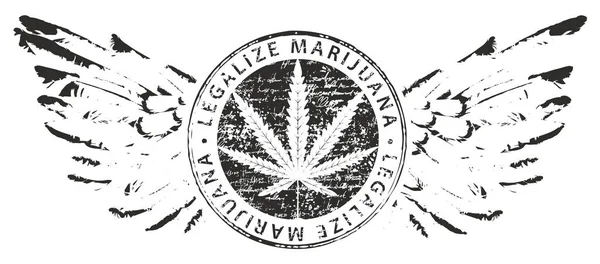 ベクター バナー大麻葉と白い背景の上の羽があるマリファナを合法化します 有機麻の自然な製品です マリファナを吸う 黒と白の医療大麻ロゴ — ストックベクタ