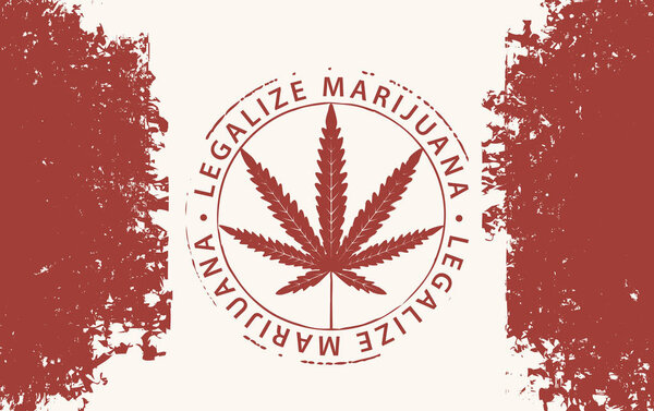 Vector banner for legalize marijuana with hemp leaf on abstract background of canadian flag in grunge style. Natural product made from organic hemp. Smoking weed. Medical cannabis logo