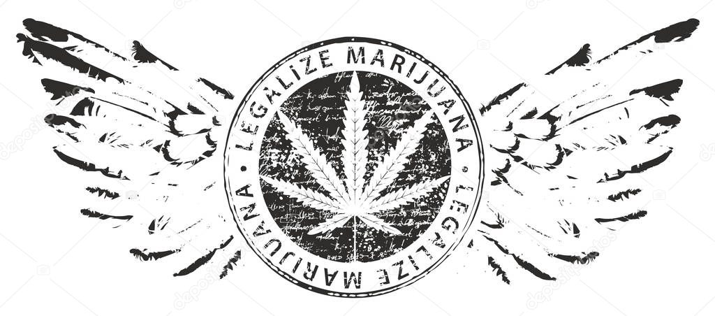 Vector banner for legalize marijuana with cannabis leaf and wings on white background. Natural product of organic hemp. Smoke weed. Black and white medical cannabis logo