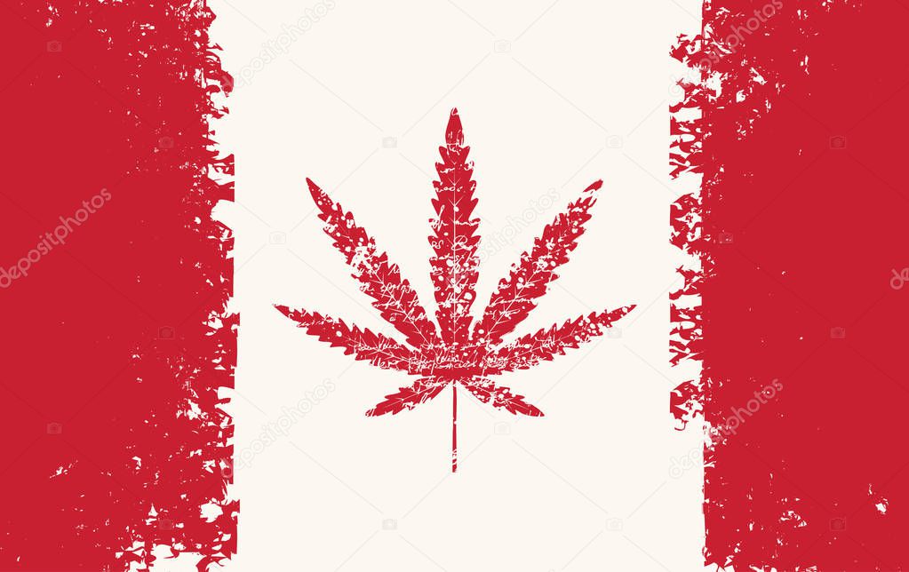 Vector banner for legalize marijuana with hemp leaf on abstract background of canadian flag in grunge style. Natural product made from organic hemp. Smoking weed. Medical cannabis logo