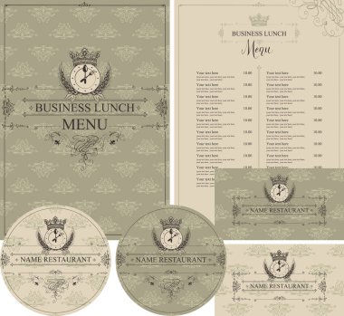 Vektör tasarım öğeleri restaurant ile iş yemeği için ayarlayın. Menü, kartvizit ve bardak taç, saat ve çatal çiçek desenli zemin üzerine barok tarzı ile içecekler için.