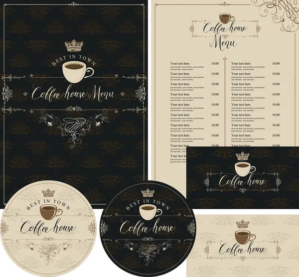 Conjunto Vectorial Elementos Diseño Para Cafetería Con Taza Corona Inscripciones — Vector de stock