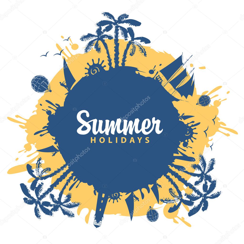 Vector abstract travel banner with palm trees, sailboats and balloons in the form of blue and yellow blots. Summer poster, flyer, invitation or card with the inscription Summer holidays