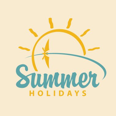 Kaligrafi yazıt yaz tatil vektör. Yaz seyahat simgesini veya deniz, Güneş ve sörfçü ile logo