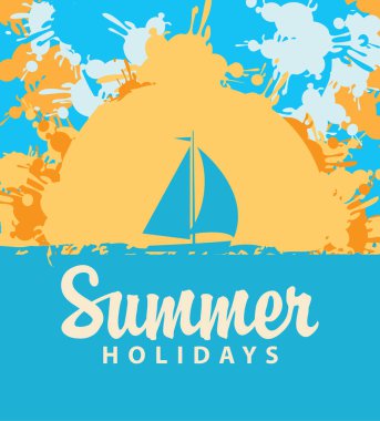 Vector travel banner with color spots and splashes, with sun, clouds, sailboat and inscription Summer holidays clipart