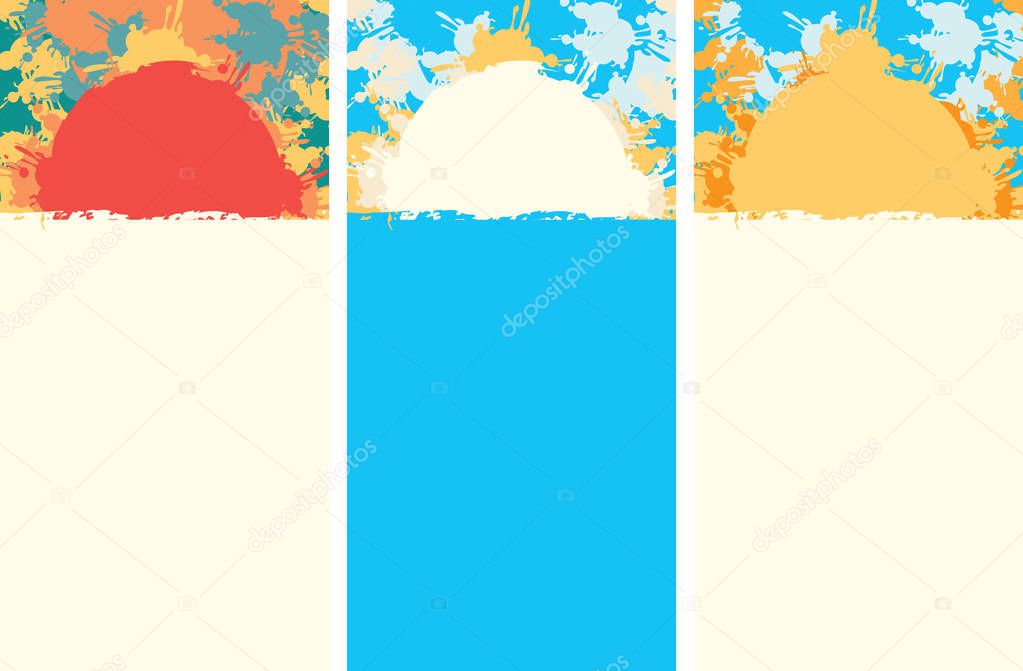 Vector set of vertical banners on the theme of summer holidays and travel with an abstract image of the sun and the sea with color spots and splashes. Background for summer poster, flyer or card