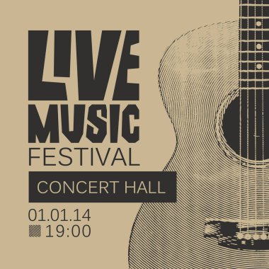 Vektör başlık sayfası veya poster retro tarzı gitar ile canlı müzik festivali için