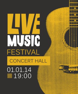 Vektör başlık sayfası veya poster retro tarzı siyah zemin üzerine sarı gitar ile canlı müzik festivali için