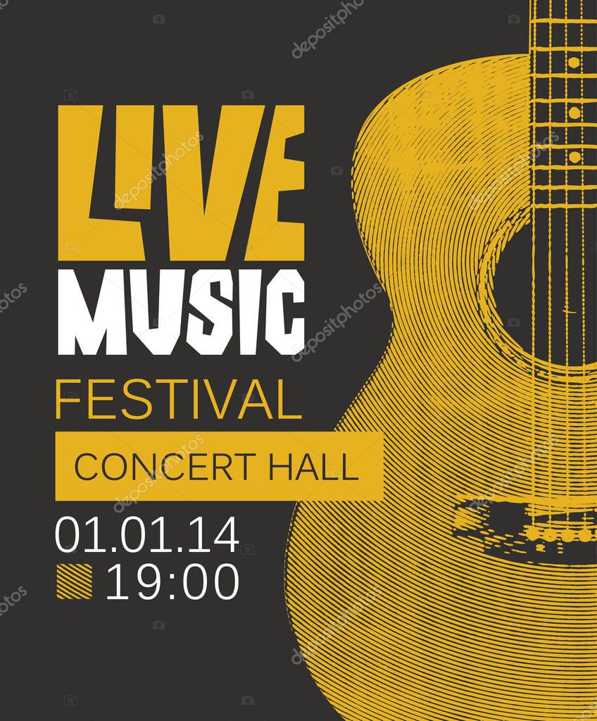 Vector banner or poster for live music festival with yellow guitar on black background in retro style