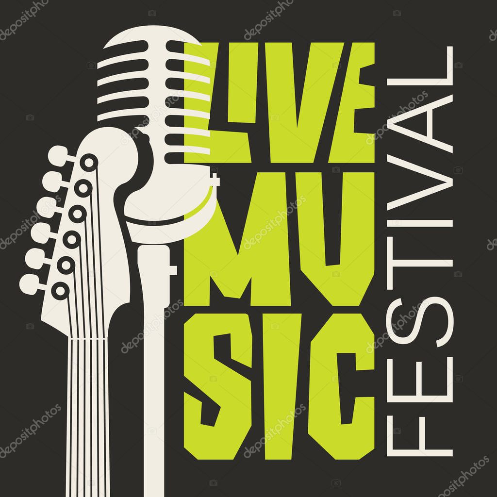Vector poster or banner for live music festival with neck of acoustic guitar and microphone in retro style
