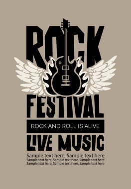 Vektör posteri veya başlığı ile bir elektro gitar, kanatlar, canlı müzik Rock Festivali için ateş ve metin için yer. Rock and roll yaşıyor