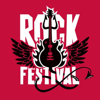 Vektör poster ya da bir elektro gitar, kanatlar, kırmızı zemin üzerine ateş ve şeytan trident ile Rock Festivali için banner