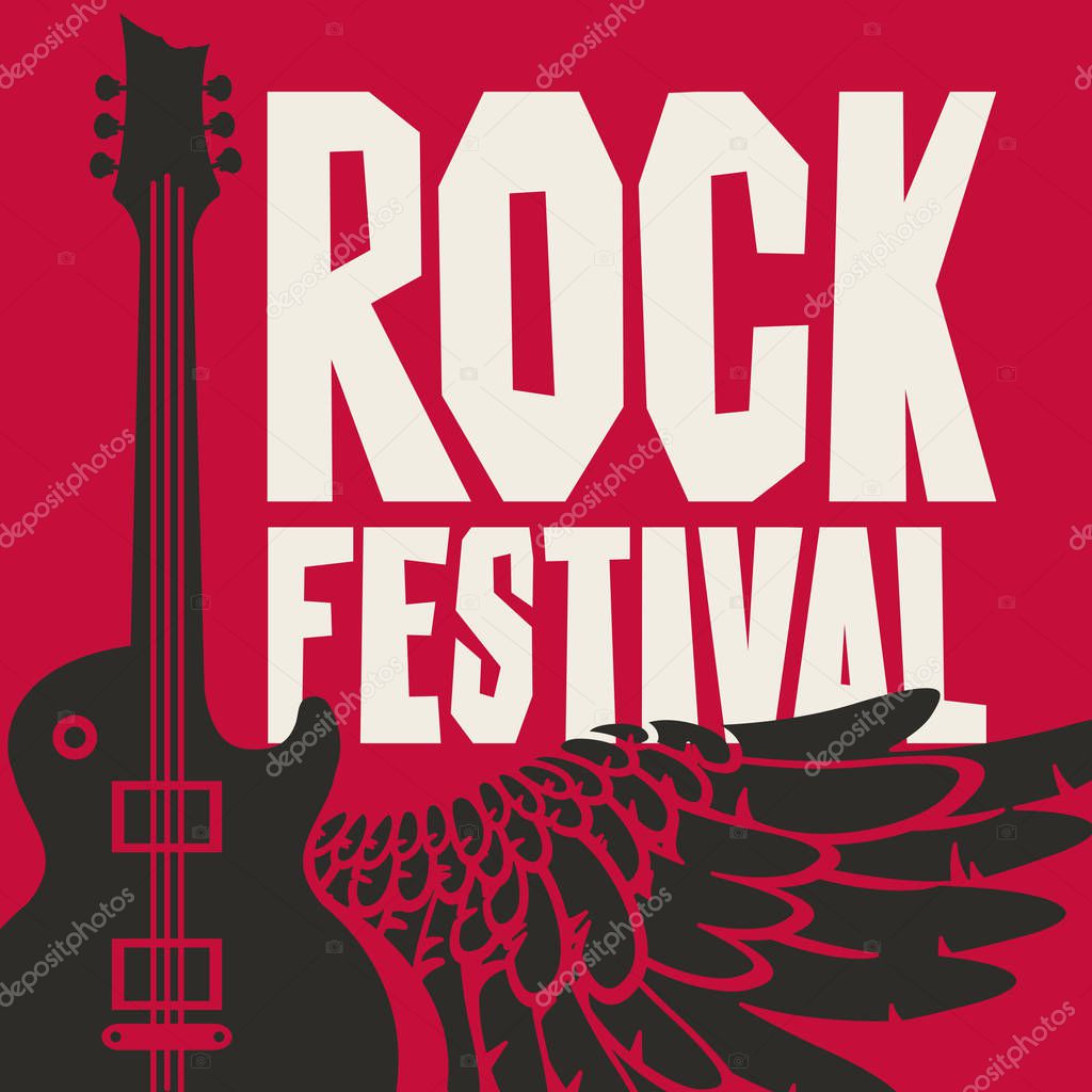 Vector poster or banner for Rock Festival with an electric guitar and wing on red background.