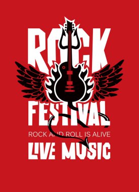 Vektör posteri veya başlığı bir elektro gitar, kanatlar, kırmızı zemin üzerine ateş ve şeytan trident ile canlı müzik Rock Festivali için. Rock and roll yaşıyor