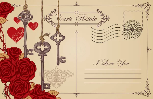 Postal Retro Sobre Tema Declaración Amor Con Llaves Ojo Cerradura — Vector de stock