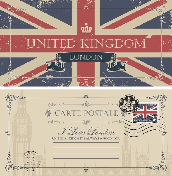 Ретро Открытка Флагом Великобритании Биг Беном Лондоне Векторная Открытка Винтажном — стоковый вектор