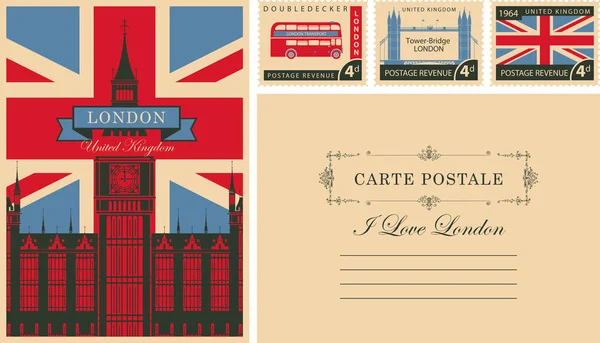 Postal Retro Con Bandera Británica Big Ben Londres Con Matasellos — Vector de stock