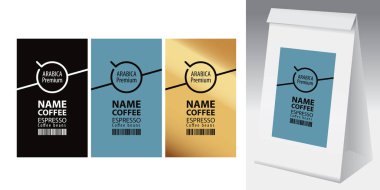 Kağıt ambalaj etiketi için kahve çekirdekleri ile. Bu etiketlerden birini ile kahve kahve fincanı ve barkod ve kağıt 3d paketi için üç vektör etiket kümesi.