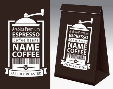 Kağıt ambalaj etiketi için kahve çekirdekleri ile. Bu etiket ile kahve kahve değirmeni, bar kod ve metin ve kağıt 3d paketi için vektör etiket.