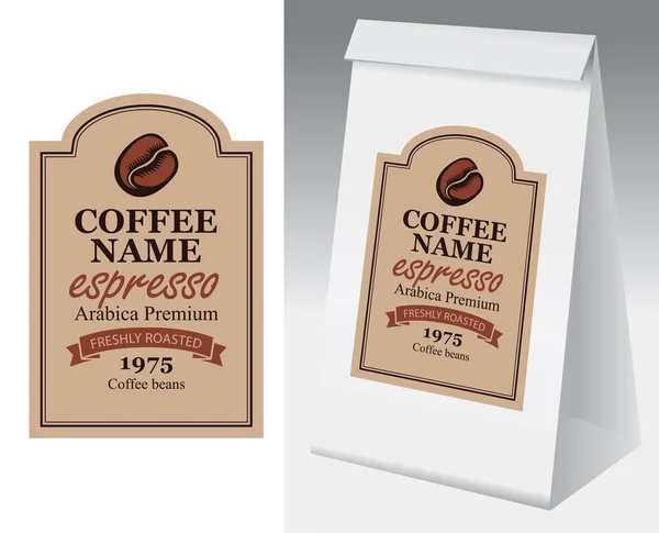 Envase Papel Con Etiqueta Para Granos Café Etiqueta Vectorial Para — Vector de stock