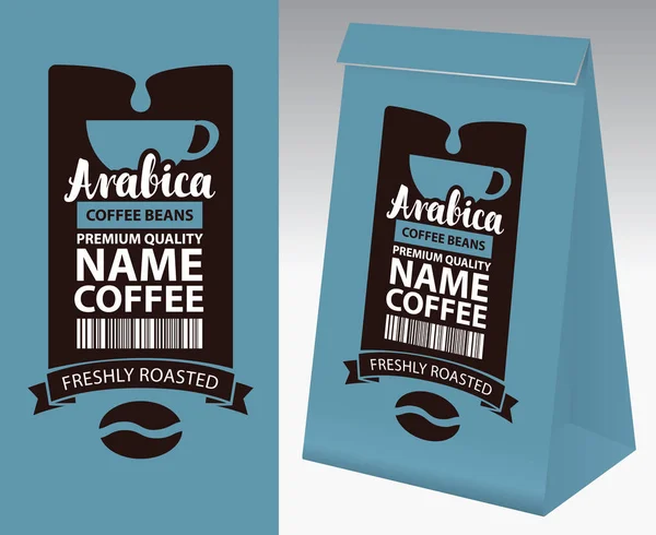 纸包装用标签为咖啡豆 咖啡豆和碑文的咖啡的矢量标签 以及带有此标签的纸3D — 图库矢量图片