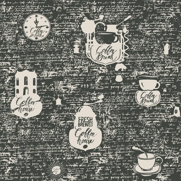 Векторный Бесшовный Узор Тему Кофе Различными Кофейными Символами Пятнами Надписями — стоковый вектор