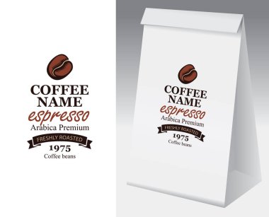 Kağıt ambalaj etiketi için kahve çekirdekleri ile. Bu etiket ile kahve kahve çekirdeği ve yazıt Espresso ve kağıt 3d paketi için vektör etiket.