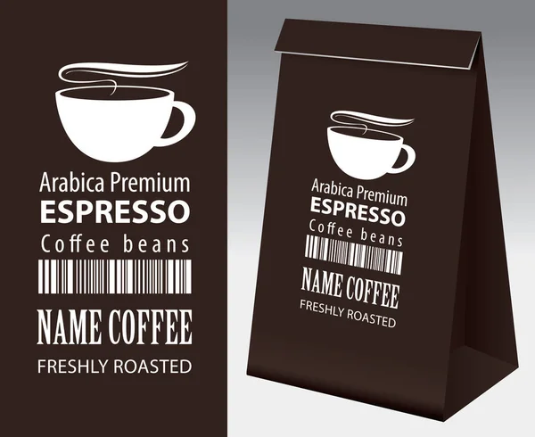 Papierverpackung Mit Etikett Für Kaffeebohnen Vektor Etikett Für Kaffee Mit — Stockvektor