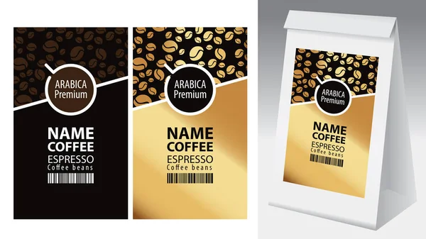 纸包装用标签为咖啡豆 设置两个矢量标签的咖啡与咖啡杯和条形码 和纸3D 包装与此标签之一 — 图库矢量图片