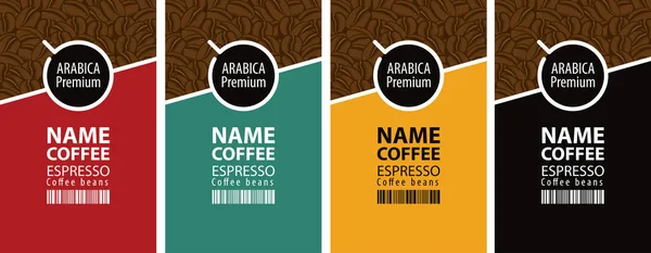 Vektör Dört Kahve Çekirdeği Etiketlerden Ayarlayın Kahve Fincanı Farklı Renk — Stok Vektör