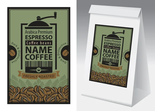 纸包装与标签的咖啡豆复古风格 咖啡的矢量标签 咖啡磨床 条码和文字和纸3D 包装与此标签 — 图库矢量图片