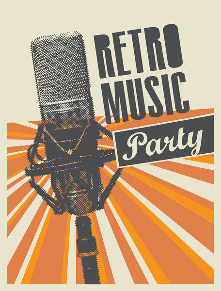 Vector poster or banner for a retro music party with a microphone on a background with bright rays in retro style