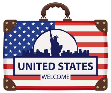 Vektör afiş Amerikan bayrağı renkleri bavulla Anıtı New york, ABD, Amerikan Ulusal Simgesel Yapı ile seyahat. Amerika Birleşik Devletleri yazıt hoş geldiniz