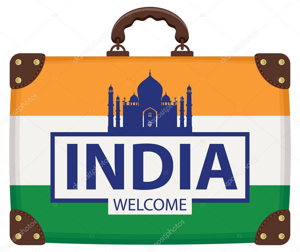 Vector travel banner with suitcase in colors of Indian flag with the Taj Mahal and inscription India welcome